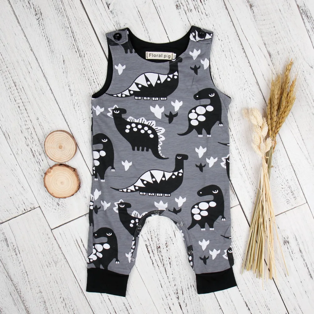 Newborn Baby Boy Romper Black Cartoon Dinosaur Romper Sleeveless Gray