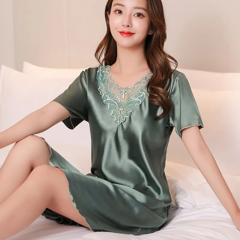 Silky Satin Nightdress Women Sleepwear Nightgown Lace Intimate Lingerie Plus Size Sexy Nightwear Sleep Dress Soft Home Dress