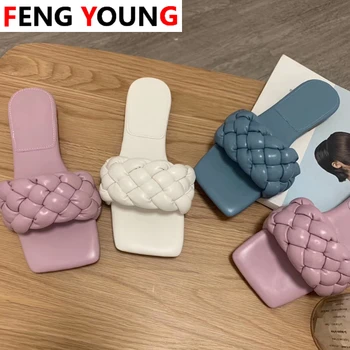 

2020 Women Brand Summer Slides High Quality Weave Open Toe Flat Casual Slipper Leisure Sandal Female Beach Flip Flops