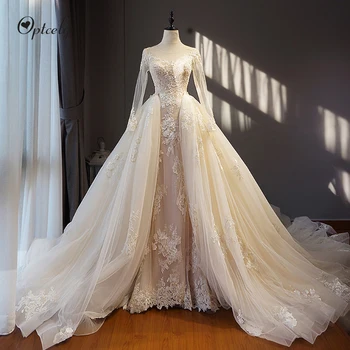 

Optcely Exquisute O-Neck Long Sleeve A-Line Champagne Tulle Backless Wedding Dress Custom Plus Size Appliques Beading Bride Gown