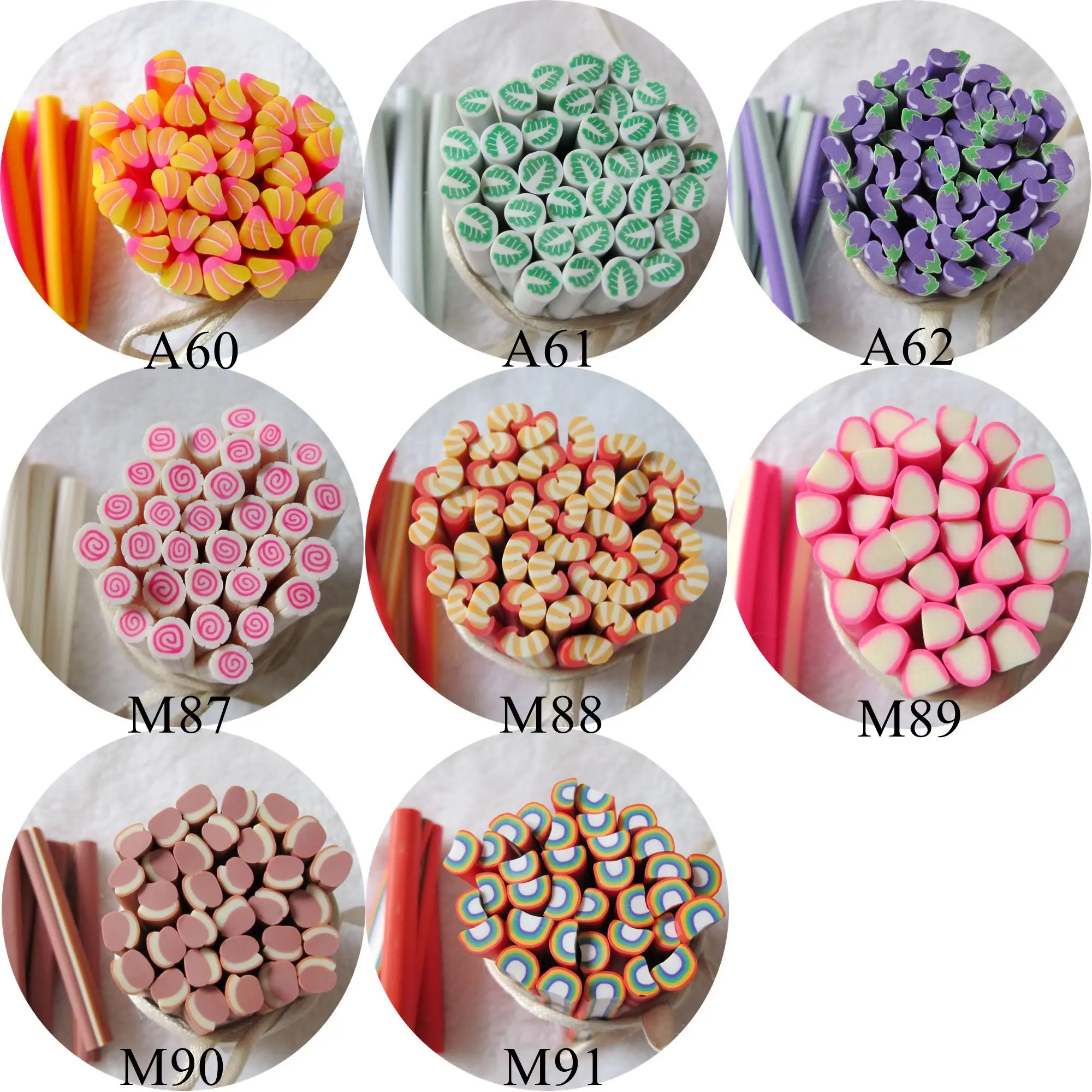 Polymer Clay Cane Nail Art Decoration 5pcs 5mm Banana Shrimp Slices Ham Rainbwo