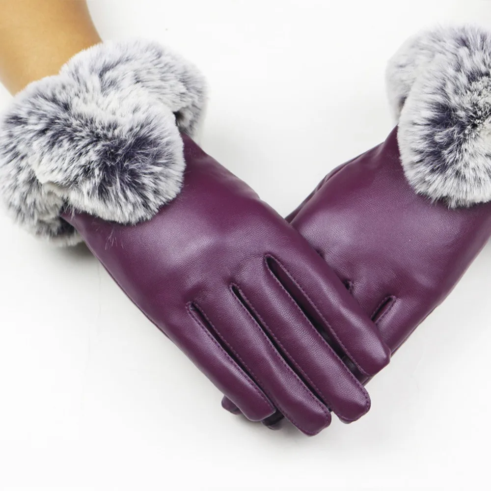 Женские черные кожаные перчатки, перчатки для пальцев, Утепленные зимние теплые варежки с кроличьим мехом, Элегантные Перчатки с сенсорным экраном, теплые руки