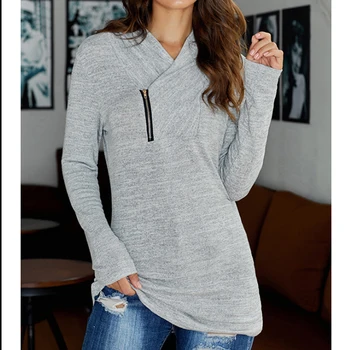 

2020 Winter Women Long Sleeves Pullover Zipper V-Neck Tops Solid Color Sporty Sweatshirts