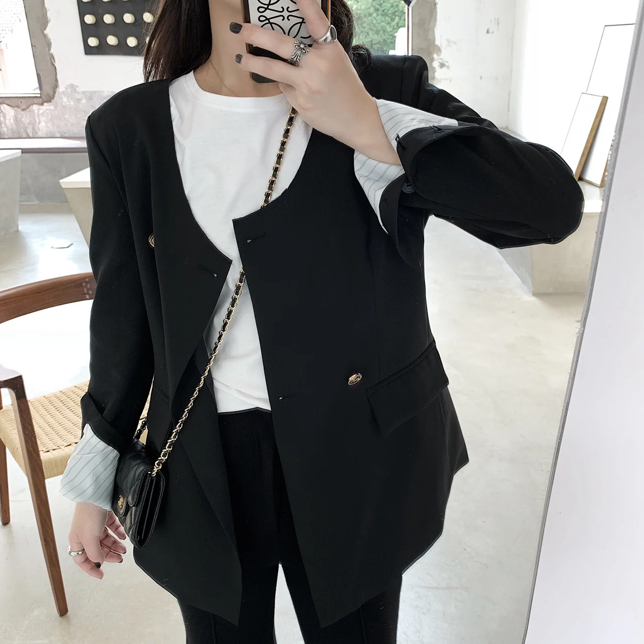 

T4287 WOMEN'S Dress 2019 Autumn Clothing New Style Double Breasted Flash U Collar Black And White with Pattern Suit Jacket Women