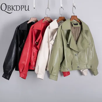

New Autumn Women Faux Leather Jacket Pu Motorcycle Biker Red Coat Turndown Collar Loose Streetwear Black Punk bomber Outerwear