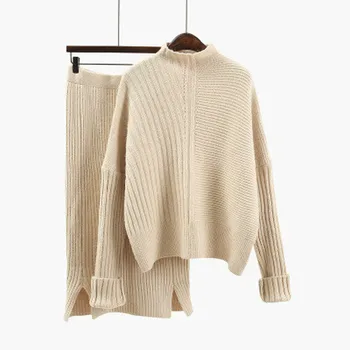 

2 Piece Outfits for Women Autumn Long Sleeve Loose Knit Sweater + High Waist Skirt Two Pieces Female Casual Knitting Skirt Set
