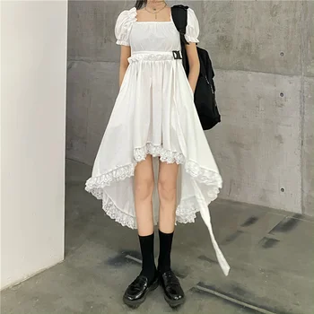 

Summer Gothic Black Dresses Women 2020 Vintage Ruffle Puff Short Sleeve Irregular White Dress Punk Fashion Cosplay Party Dress