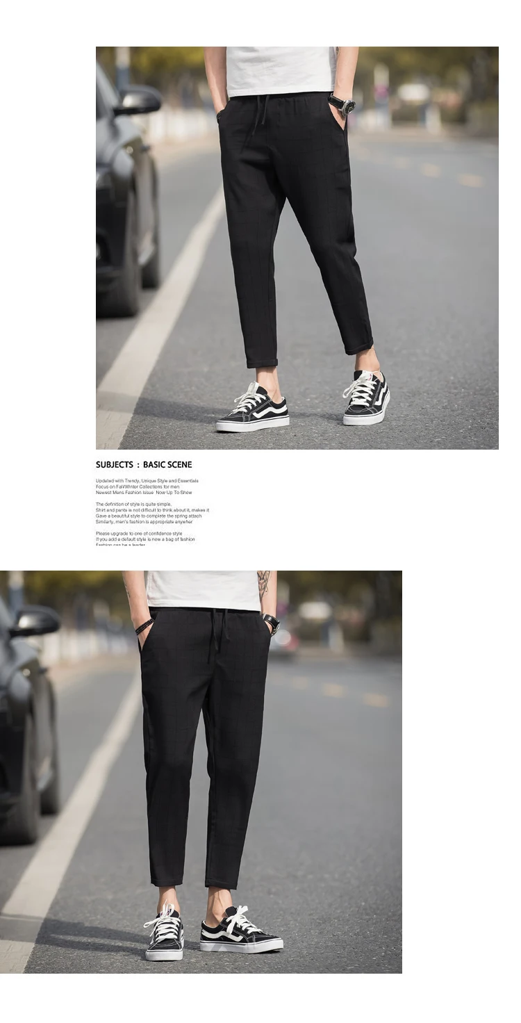 2019 льняные клетчатые брюки мужские Талия на резинке брюки длиной до щиколотки хип-хоп Jogger Брюки мужские тренировочные брюки уличная