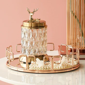 

Round Tray Golden Retro Luxury Mirror Skin Care Products Jewelry Storage Tray Bathroom Storage Tray Modern Home Decoration Board