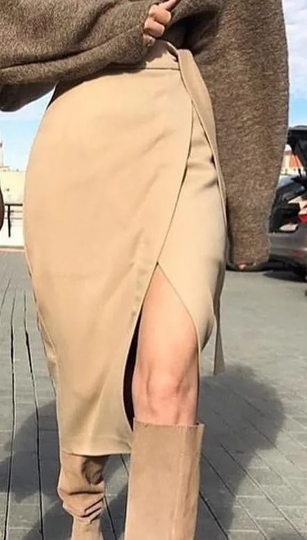 High Waist Women Irregular Solid Split Skirts Ladies Autumn Thicken Casual Midi Skirts Streetwear - Цвет: Хаки