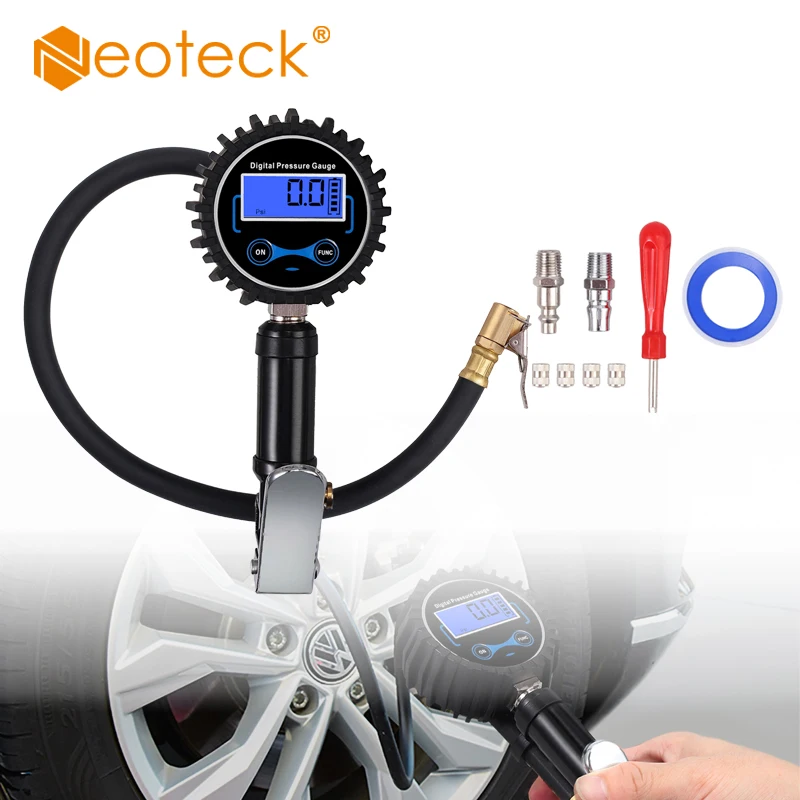 

Neoteck Digital Tire Inflator 0-200PSI With Pressure Gauge With 4 Valve Caps US EU Steel Tire Inflator Gauge With Rubber Hose
