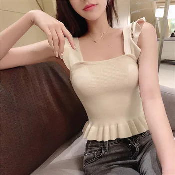 

female Summer slim sweet solid color ruffle edge short design suspender vest women knitted girl sleeveless shirt tops