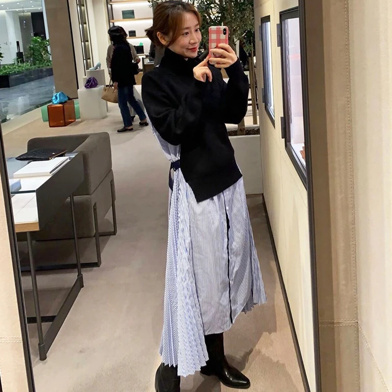 

[EWQ] 2019 Autumn New Full Sleeve Turtleneck Loose Knit Stitching Fake Two-piece Striped Large Pendulum Pleated Dress 16N-a144