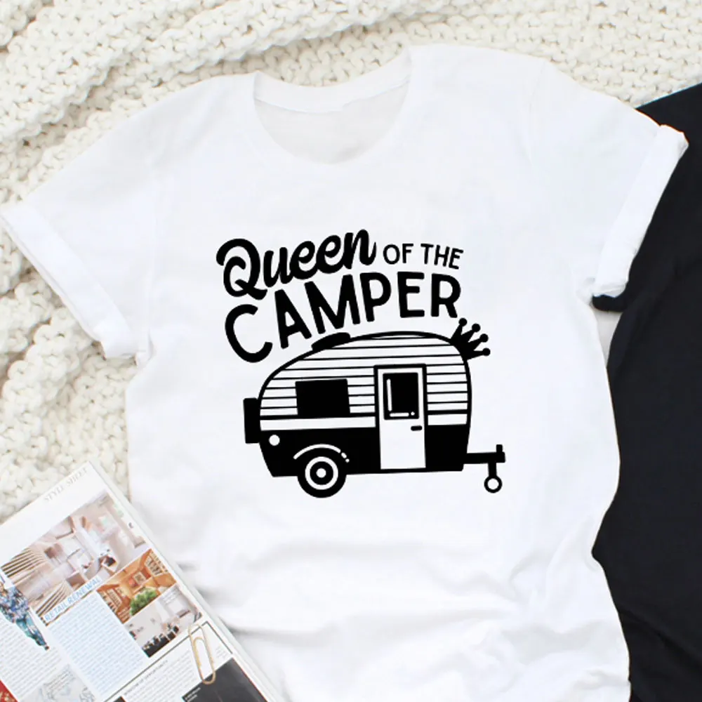 queen-white tee Футболка King Of The Camper And queen Of The Camper, смешная футболка унисекс, подходящая для пары, повседневные женские футболки с графикой для кемпинга, топы - Цвет: queen-white tee