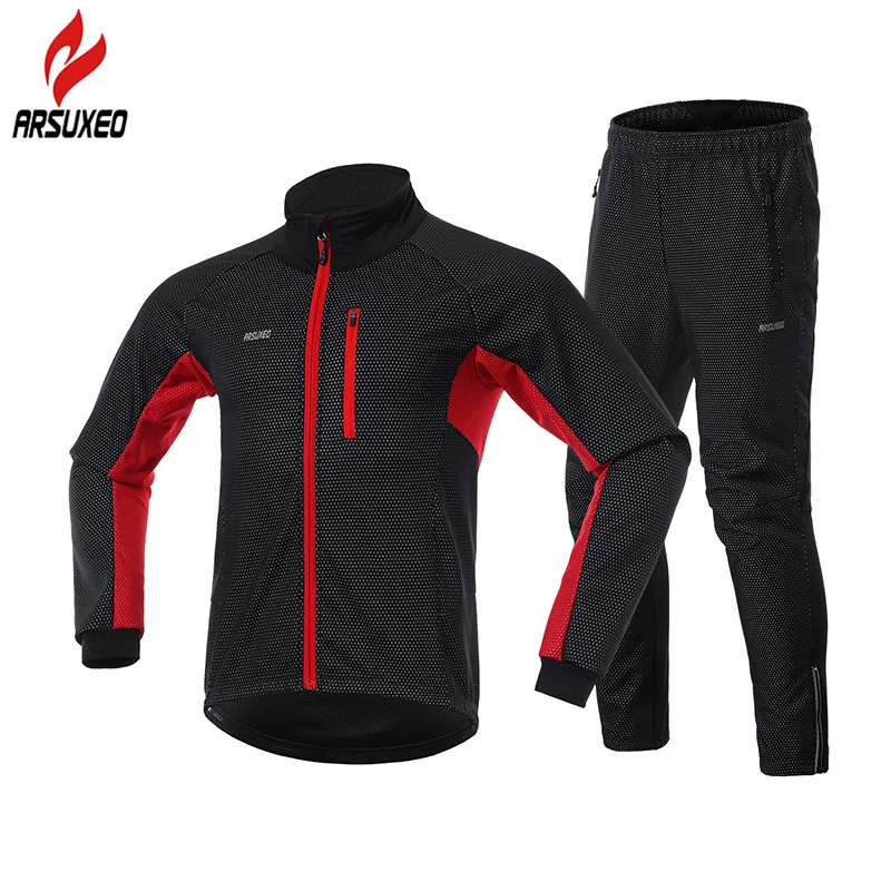

ARSUXEO Men Winter Cycling Jacket Set Reflective Windproof Thermal Fleece Warm Cycling MTB Clothing Bike Jacket Bicycle Pants