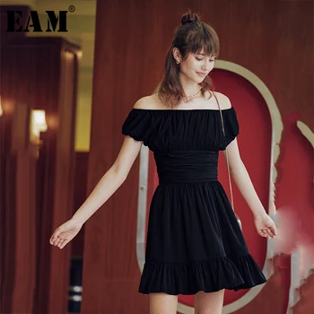 

[EAM] Women Stitch Pleated Temperament Casual Dress New Slash Neck Short Sleeve Loose Fit Fashion Tide Spring Autumn 2020 1A012