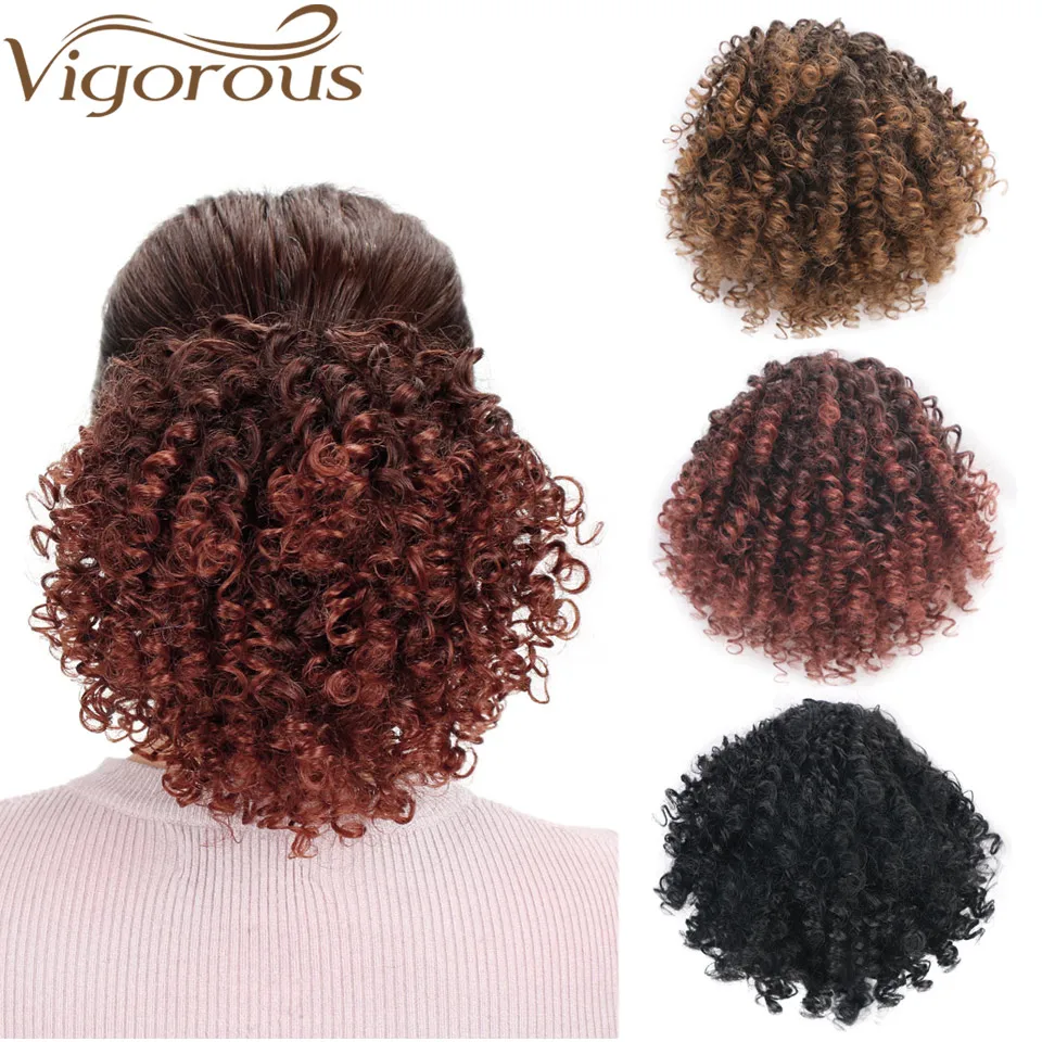 

Vigorous Kinky Curly Ponytail Drawstring Bun African American Short Wrap Chignon Synthetic Clip in Hair Extensions