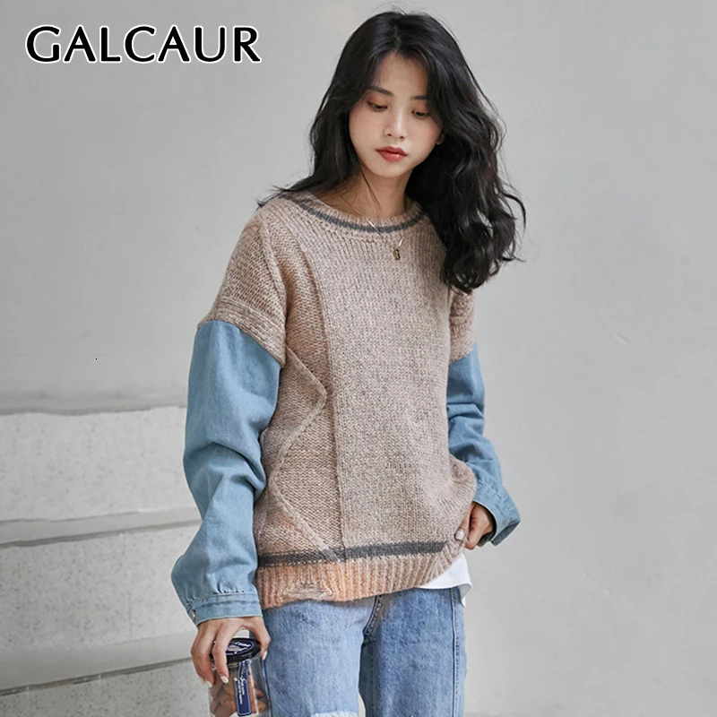 GALCAUR Patchwork Denim Women's Sweaters Long Sleeve O Neck Hit Color Oversized Female Sweater 2020 Autumn Winter Fashion New | Женская