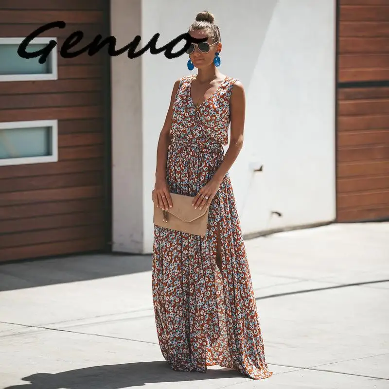 Летние женские Платья с цветочным рисунком платья Макси в стиле бохо Пляжное