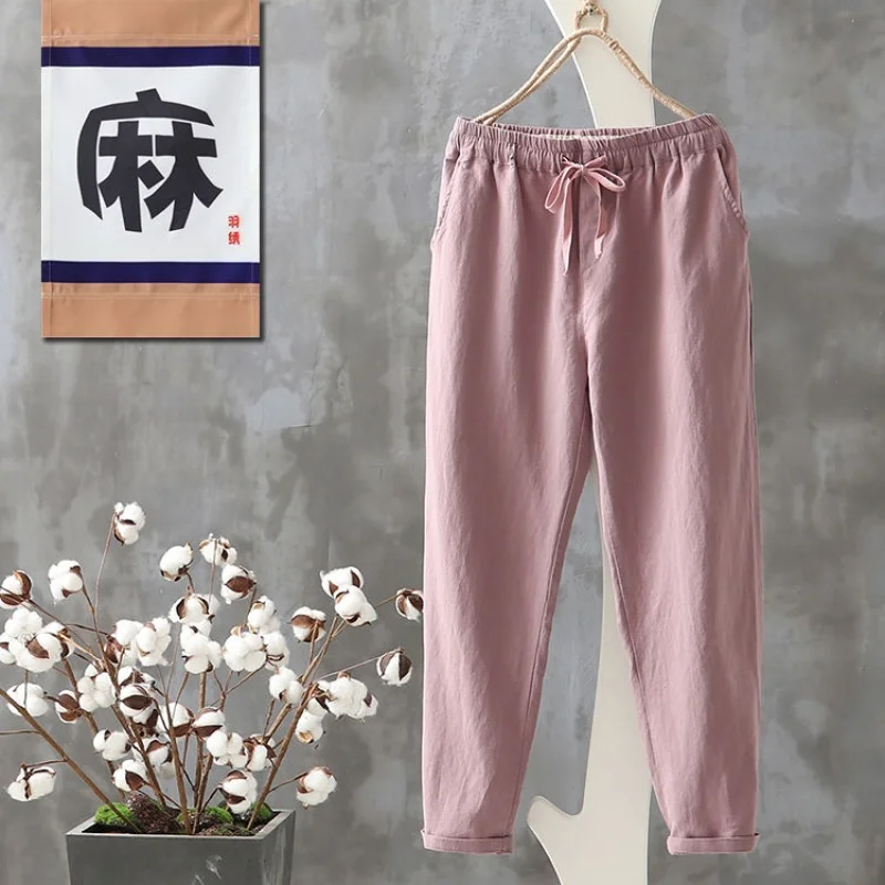 lotus pink Neploe осенние женские брюки Pantalon Femme хлопковые льняные шаровары, брюки больших размеров на шнурке, женские свободные повседневные штаны 54594 - Цвет: lotus pink