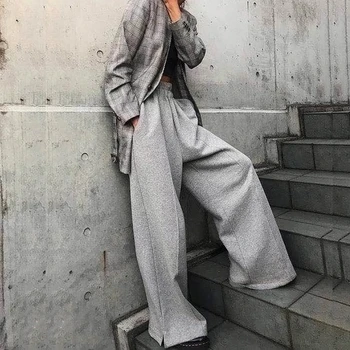 

Korea Autumn Winter Woman Stylish Solid Color High Elastic Waist Long Loose Split Hem Draped Wide-leg Pants All Match L111