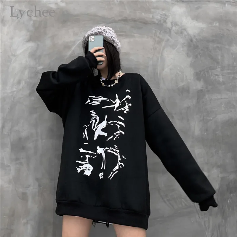 Lychee Женские флисовые толстовки Harajuku с темными персонажами, весенние, осенние, зимние женские топы, повседневные свободные женские пуловеры с вырезом лодочкой