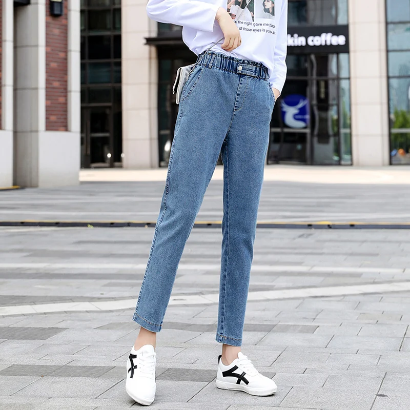 

2019 autumn student straight pants elastic waist denim pants slacks