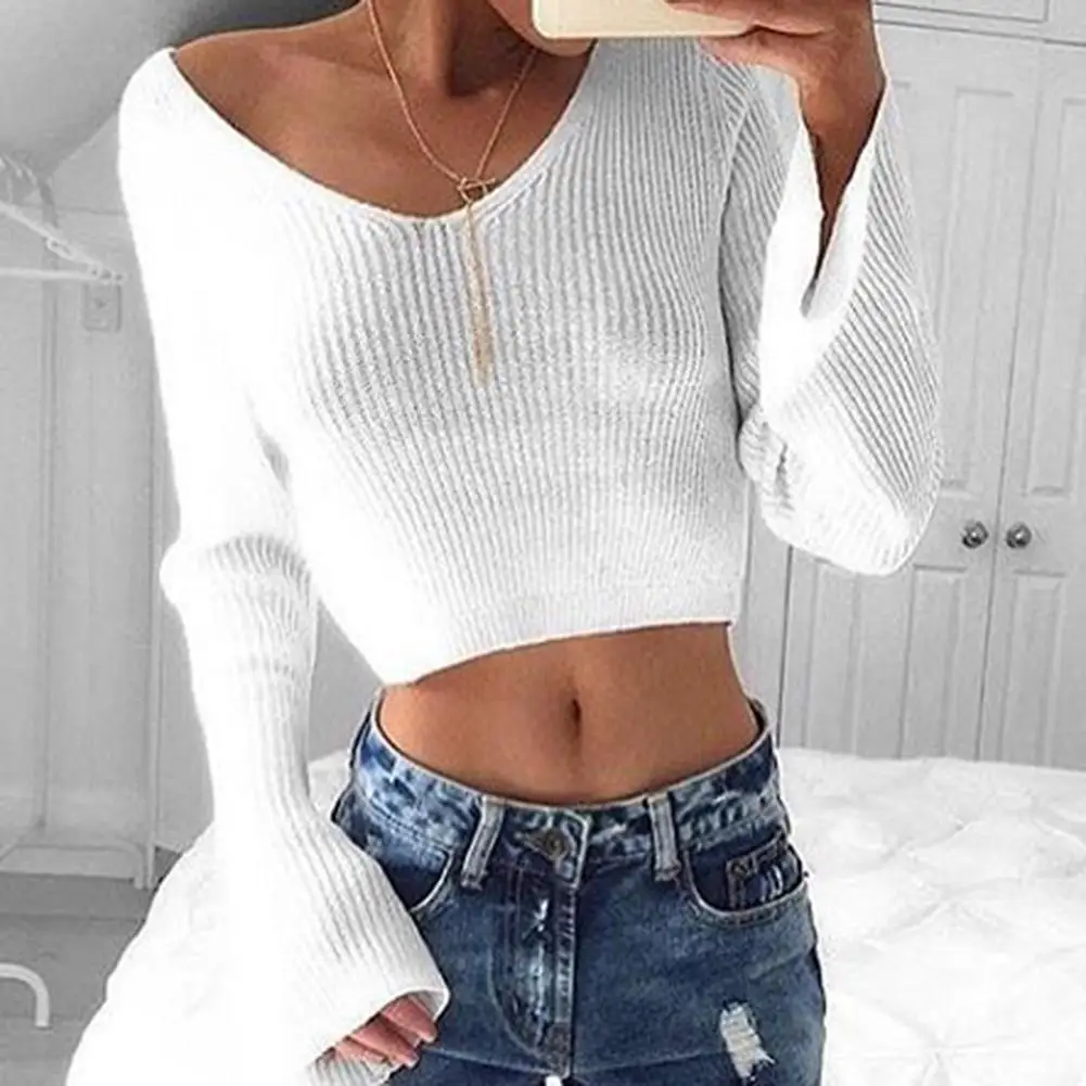 

Chic Lady Solid Color V Neck Long Sleeve Sexy Pullover Knitted Blouse Crop Top Off Shoulder Women's Casual Tank Top Blouse Ladie