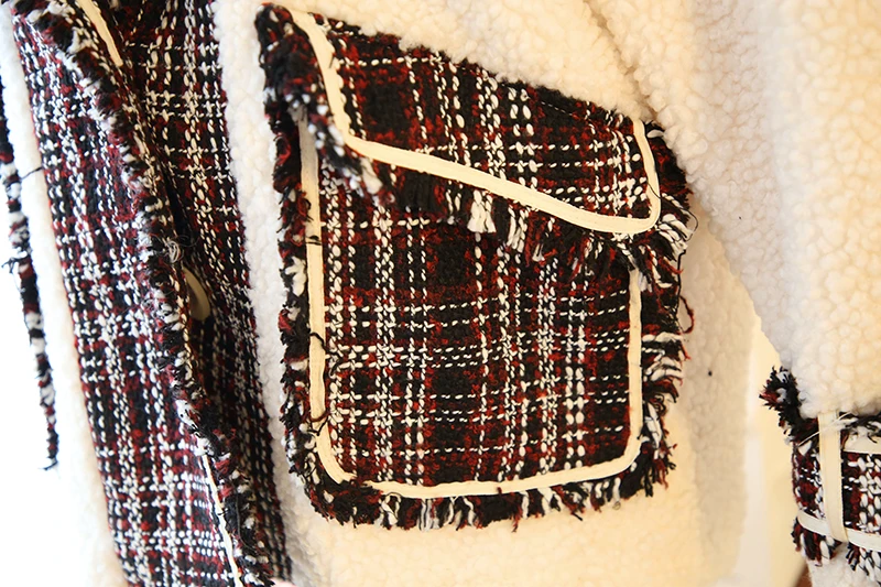 SWEETXUE New Autumn Winter Plaid Stitching Lamb Hair Loose Casual Jacket Fashion Vintage Women Clothing Lambswool Outwear