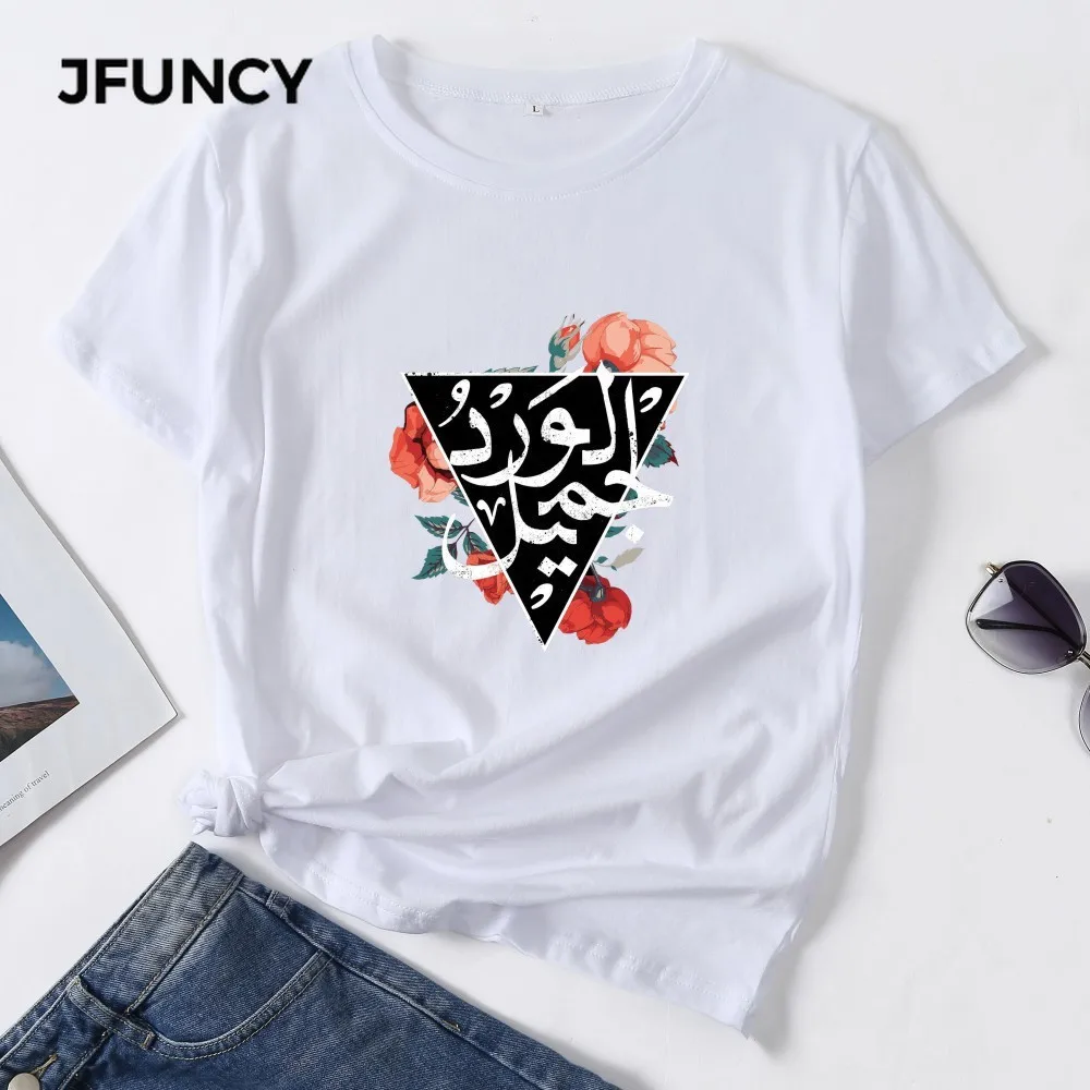 Футболка JFUNCY размера плюс женская хлопковая с арабским принтом и надписью