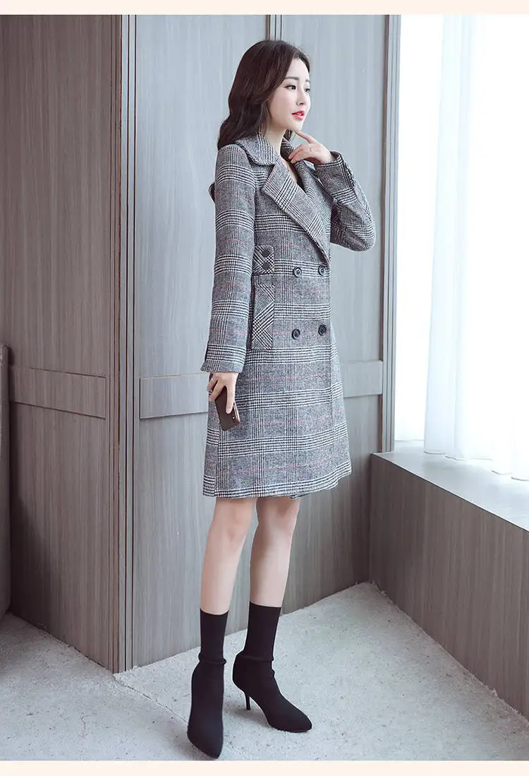Шерстяное пальто женское клетчатое зимнее с длинным рукавом двубортное офисное элегантное женское пальто Тренч Abrigos mujer размера плюс