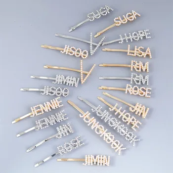

Kpop Bangtan Boys Hairpins JK V JIMIN SUGA RM LISA ROSE Hair Clip Women Rhinestone Crystal Letter Pearl Hairpin Hair Jewelry