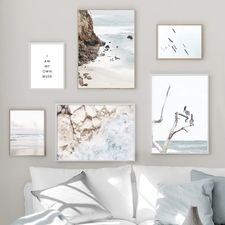 Wall Art Canvas Painting Beach Reef Bird Egret Ocean Wave Dead Tree Seascape Poster E Stampe Soggiorno Decor In Stile Nordico