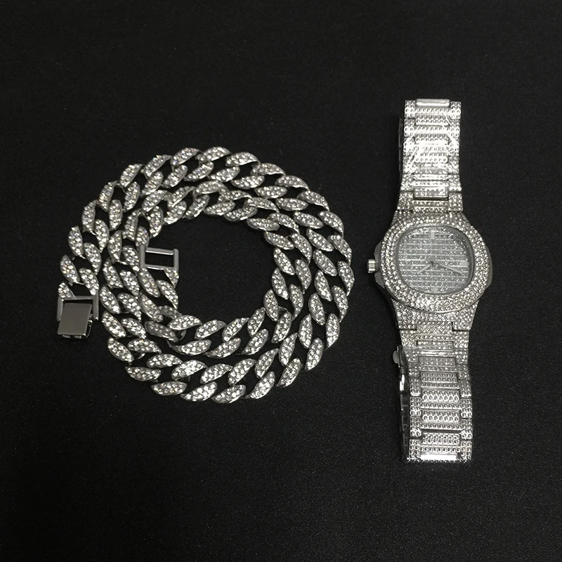 Серебряное золото ожерелье+ часы+ браслет хип-хоп кантри кубинская цепь золото Iced Out проложили Стразы CZ Bling для мужчин ювелирные изделия