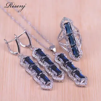 

Risenj Original Russian Style Blue Cubic Zircon White Crystal Silver Color Jewelry Set Earrings Ring Necklace Set In store