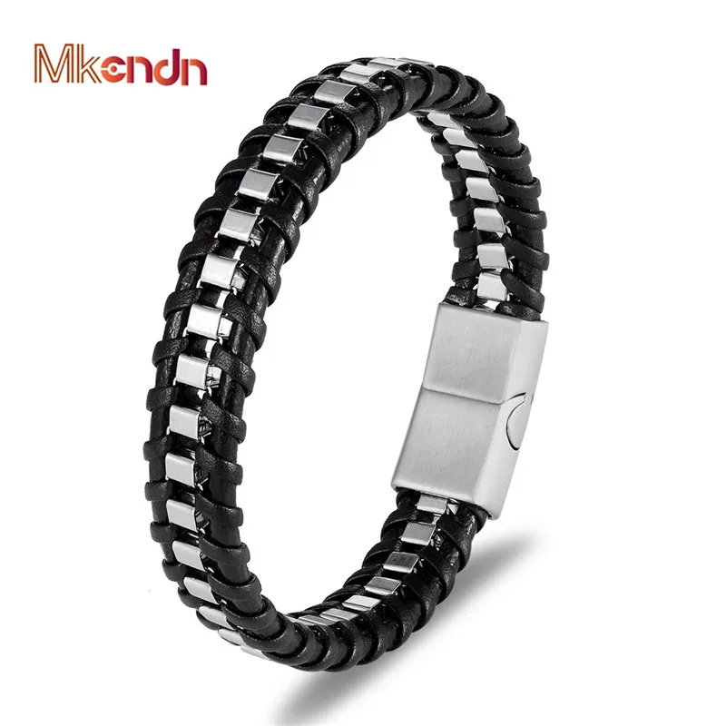MKENDN Punk Bicycle Chain Titanium Stainless Steel Magnetic Buck Bracelet Men Multilayer Braid Genuine Leather Bracelet Pulseras