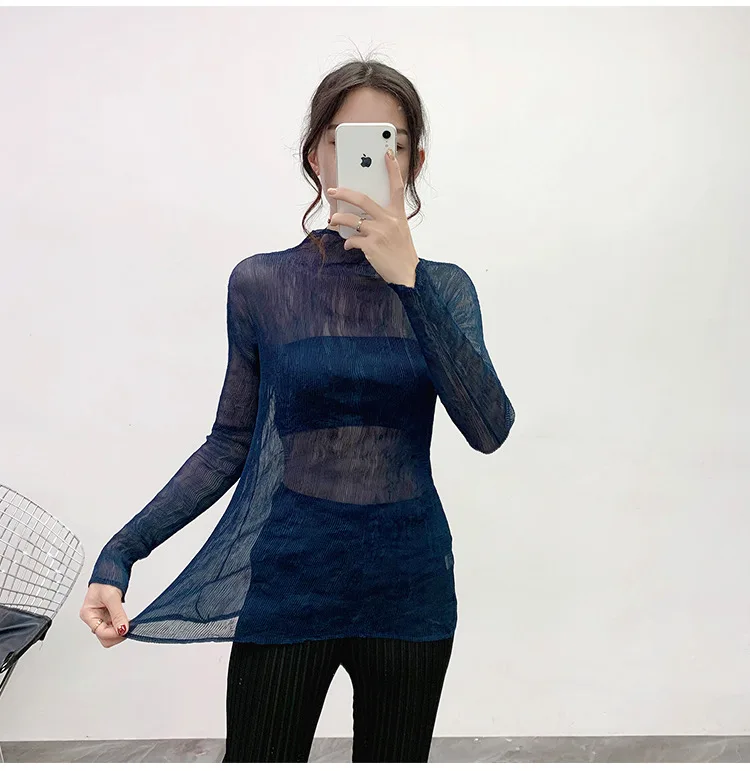 Miyake плиссированные топы, водолазка, одноцветная рубашка с длинным рукавом, женская, плюс размер, тонкая, плиссированная, сексуальная, нижняя, зимняя, Новая мода