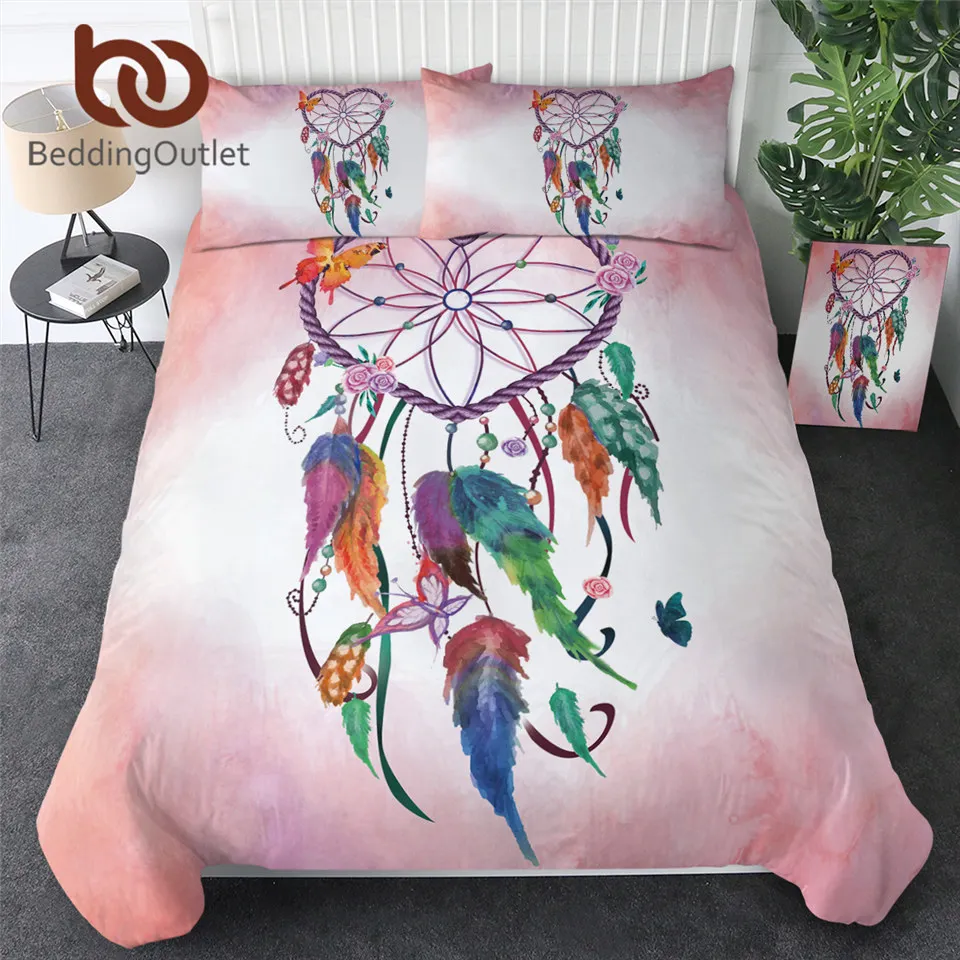 

BeddingOutlet Heart Dreamcatcher Bedding Set Pink and Sky Blue Duvet Cover Watercolor Feather Bed Set Soft Microfiber Bedclothes