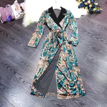 Осень Новая Европейская и американская Женская Одежда модное бархатное леопардовое платье с длинными рукавами и отворотом на шнуровке