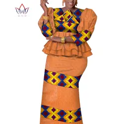 Bazin Riche African Women Crop Top and Skirt Sets Puff sleeve Print 2 pcs Skirt Suit Frills Traditional Female clothing WY9609