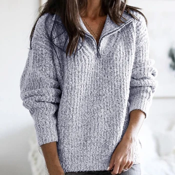 

Zipper Turn-down Collar Knitted Sweater Women Pullover Autumn Winter Christmas Sweater Oversized Women Sweaters And Pullovers