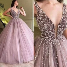 Сексуальный глубокий v-образный вырез Выпускные платья с бисером кристаллы, блестки принцессы с юбкой из тюля; вечерние платья в пол Длина «Гладиатор» с ремешками праздничная одежда