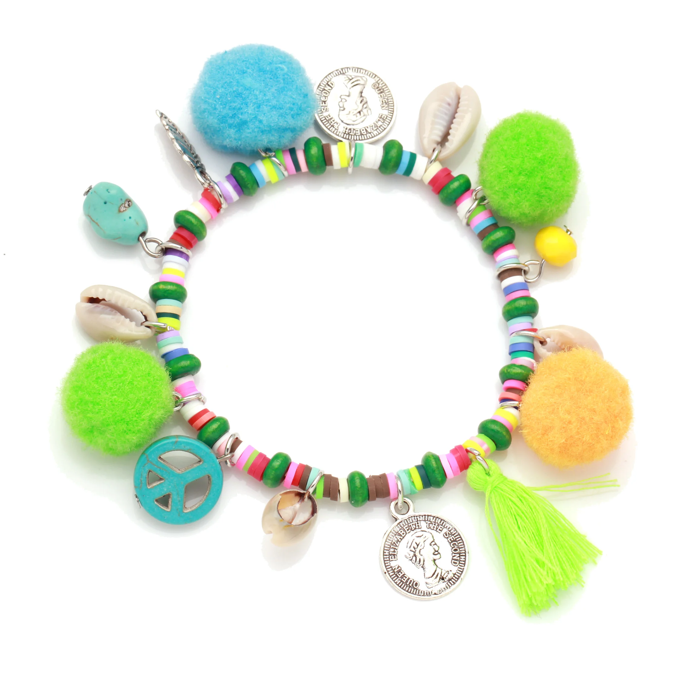 

Boho Cowrie ракушка из полимерной глины Heishi символ мира эластичный браслет для женщин девушек богемный помпон Кристалл кисточка ювелирные изделия подарок