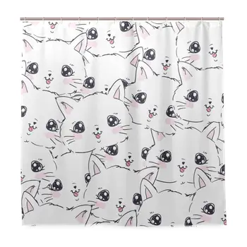 

Cute Cat Shower Curtain for Bathroom Cartoon Pattern Polyester Waterproof Custom Bath Shower Curtain with 12 Hooks Set
