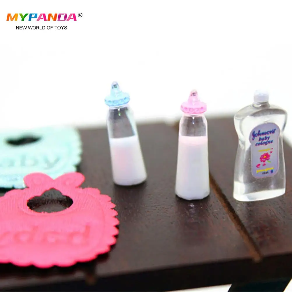 1set 1:12 Dolls House Miniature Baby Bottles Shampoo Bibs Set Nursery Accessory Gift Baby Bottles Set doll accessories plush doll accessories