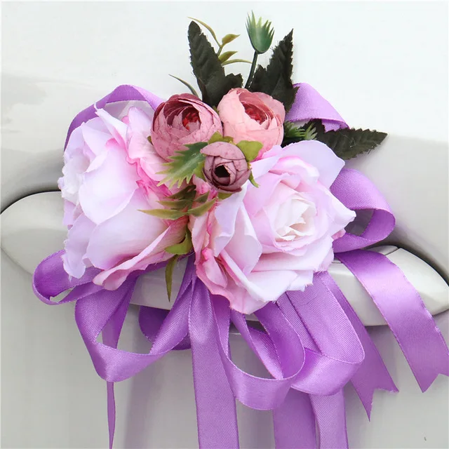 Purple A DIY свадебная декоративная ручка для двери автомобиля цветок корсаж ручной цветок аксессуары Шелковый венок на День святого Валентина гирлянда окно зеркало заднего вида - Цвет: Purple A
