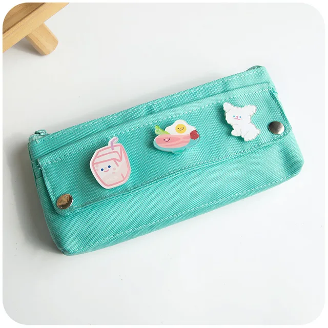 kawaii Large Pencil Case Stationery Storage Bags Canvas Pencil Bag Cute Makeup Bag School Supplies for Girl Kids Gift w/ Badge B-Green