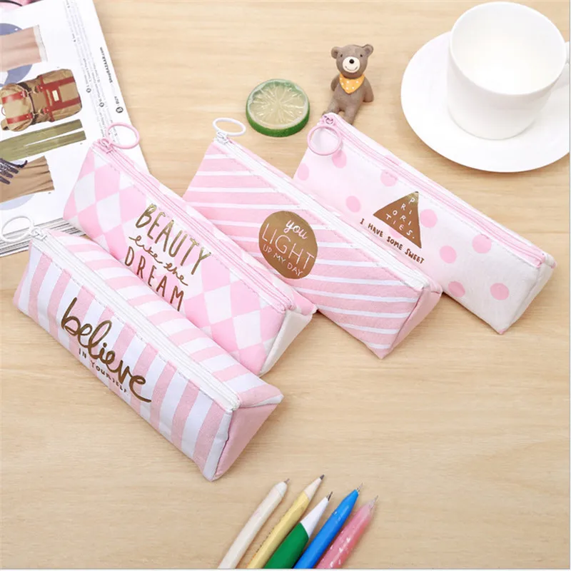 

Pencil Case For School Of Girl Canvas Triangle Penbag Crystal Powder Creative Pink Durable Minimalist Girl Gift Kids Stationery