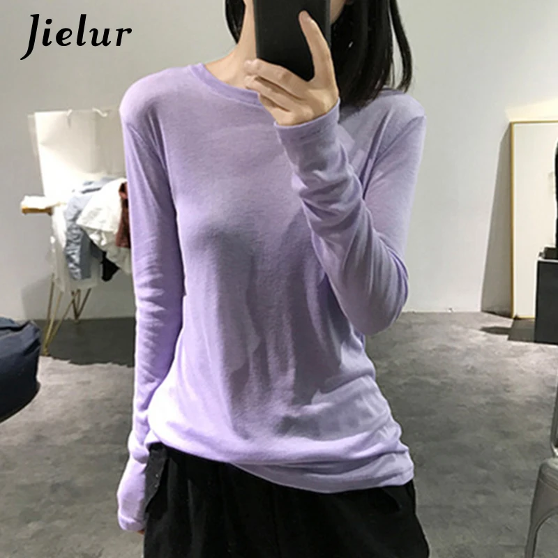 Jielur 2020 Новинка осени фиолетовые белые черные футболки женские в Корейском стиле