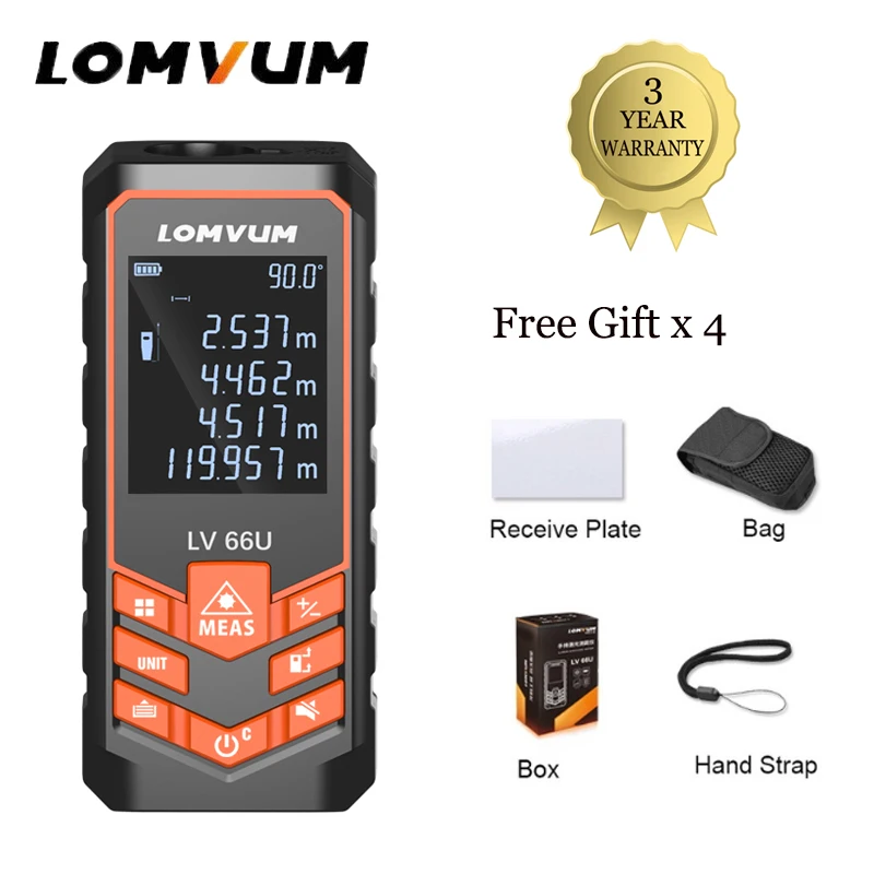 LOMVUM Laser Rangefinder Handhold Digital Laser Distance Meter Electrical Level Tape Laser Distance Measurer 40M-120M LV 66U